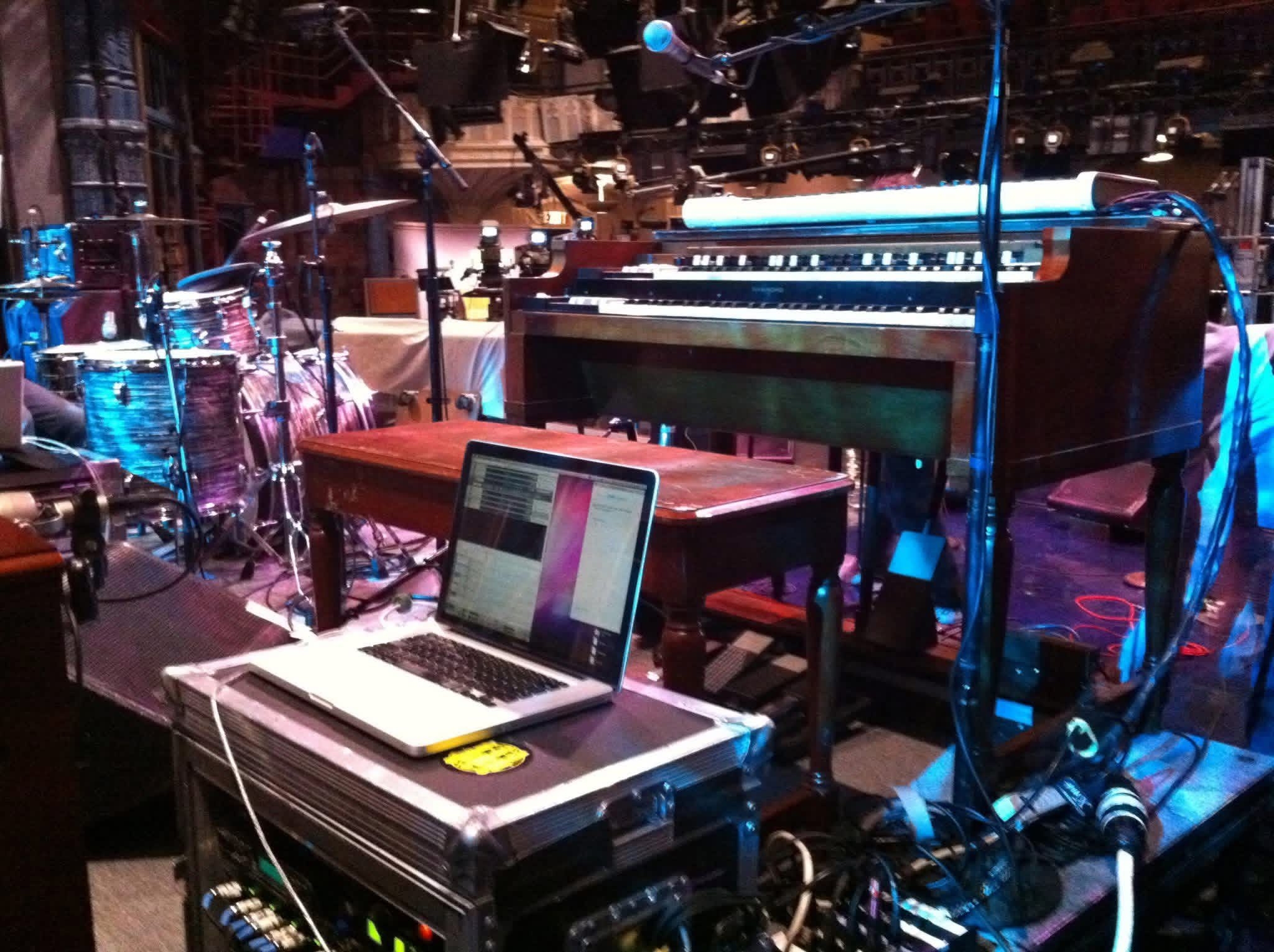 Letterman stage rig: Hammond B3 organ, drum kit, and MacBook on a road case at the Ed Sullivan Theater